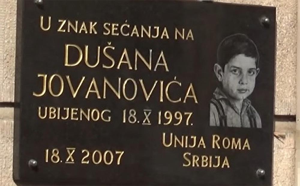 Commemorative plaque for Dušan Jovanović, mudered by neo-Nazis in Belgrade in 1997.