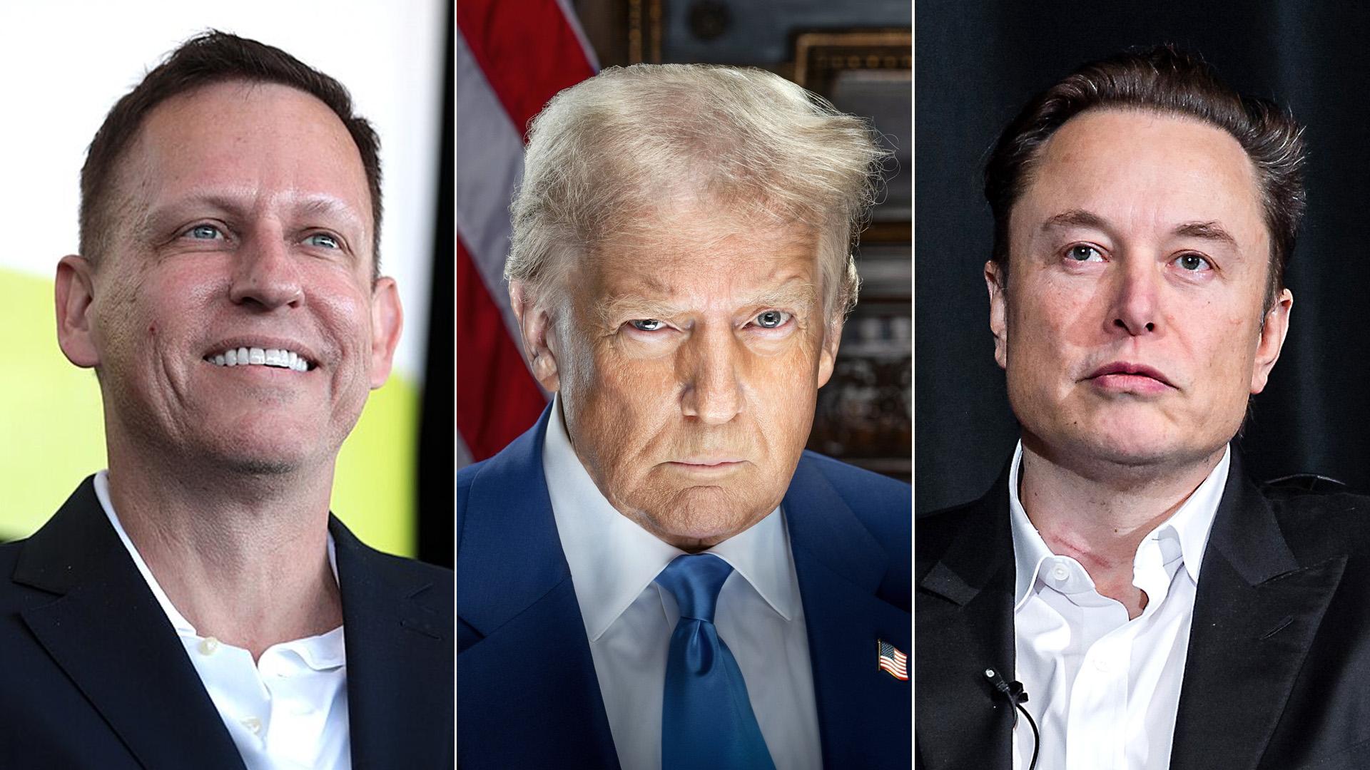 Zleva: Peter Thiel, Donald Trump, Elon Musk (FOTO: Wikimedia Commons, Gage Skidmore, Trevor Cokley)
