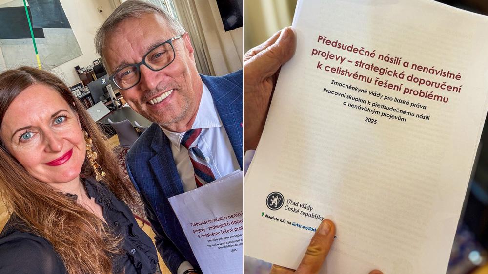 Zmocněnkyně vlády pro lidská práva Klára Šimáčková Laurenčíková a ministr pro evropské záležitosti Martin Dvořák představili materiál se sedmi desítkami doporučení, která mají systémově reagovat na předsudečné násilí a nenávistné projevy, 18. 6. 2025 (FOTO: Úřad vlády ČR / Ministr pro evropské záležitosti)