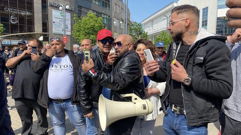 Followers and members of the Roma Luma political party counter-protested a demonstration of the "Freedom and Direct Democracy" (SPD) party in Liberec, Czech Republic on 24 May 2023, shouting down the SPD chair, Tomio Okamura. (PHOTO: Jan Pešek, MF DNES)